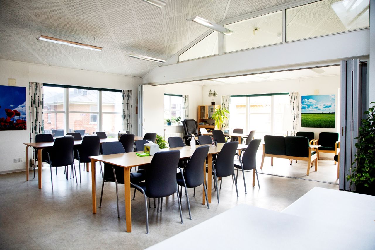 fællesområde med både spiseplads til mange og sofahjørne