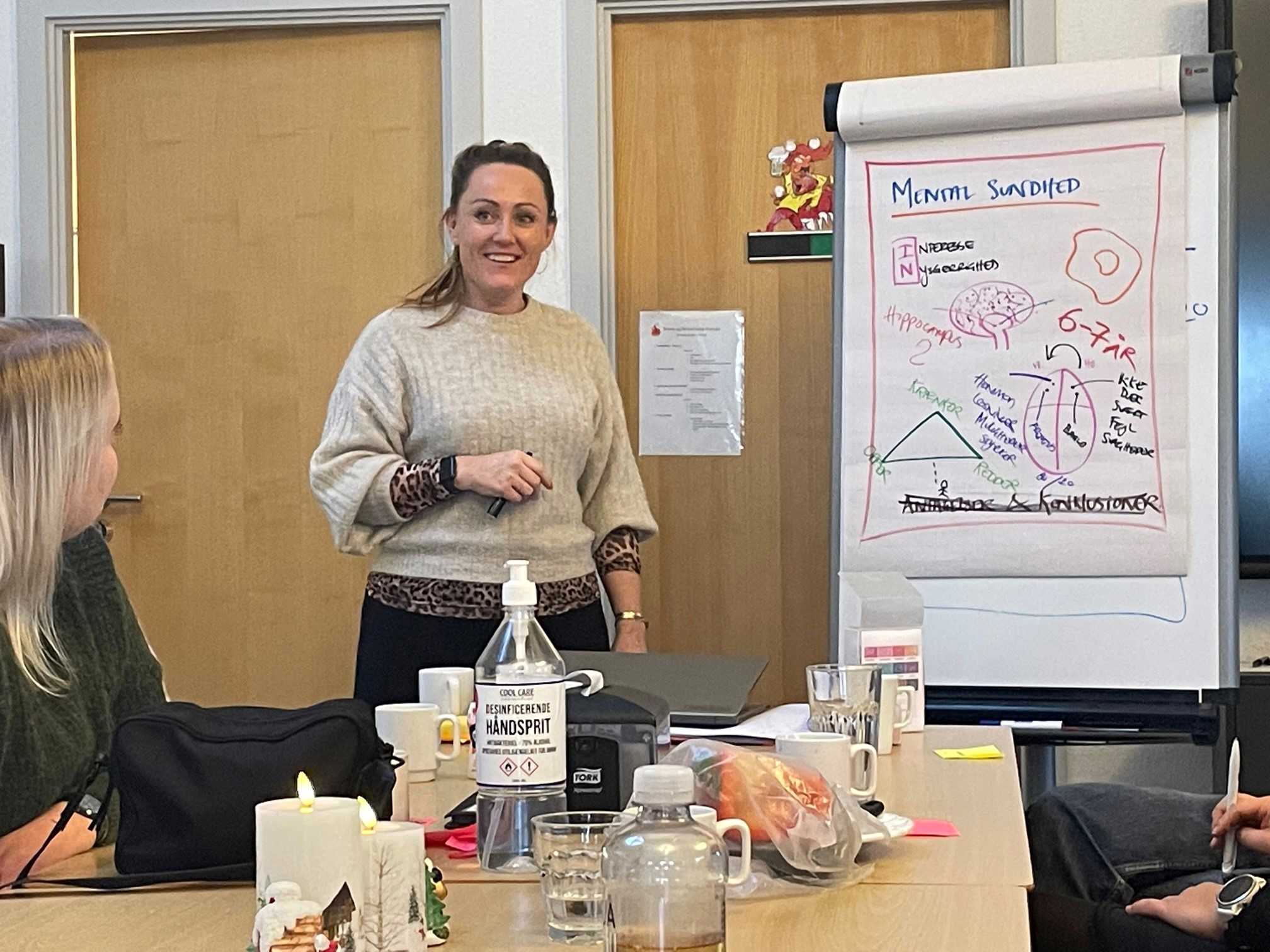 En person står foran et bord hvor der sidder nogen og lytter til det der bliver fremlagt. På en flipover er der skrevet en masse ting. På bordet er der kopper, lys og vandflasker. På døren bagved hænger en kravlenisse.