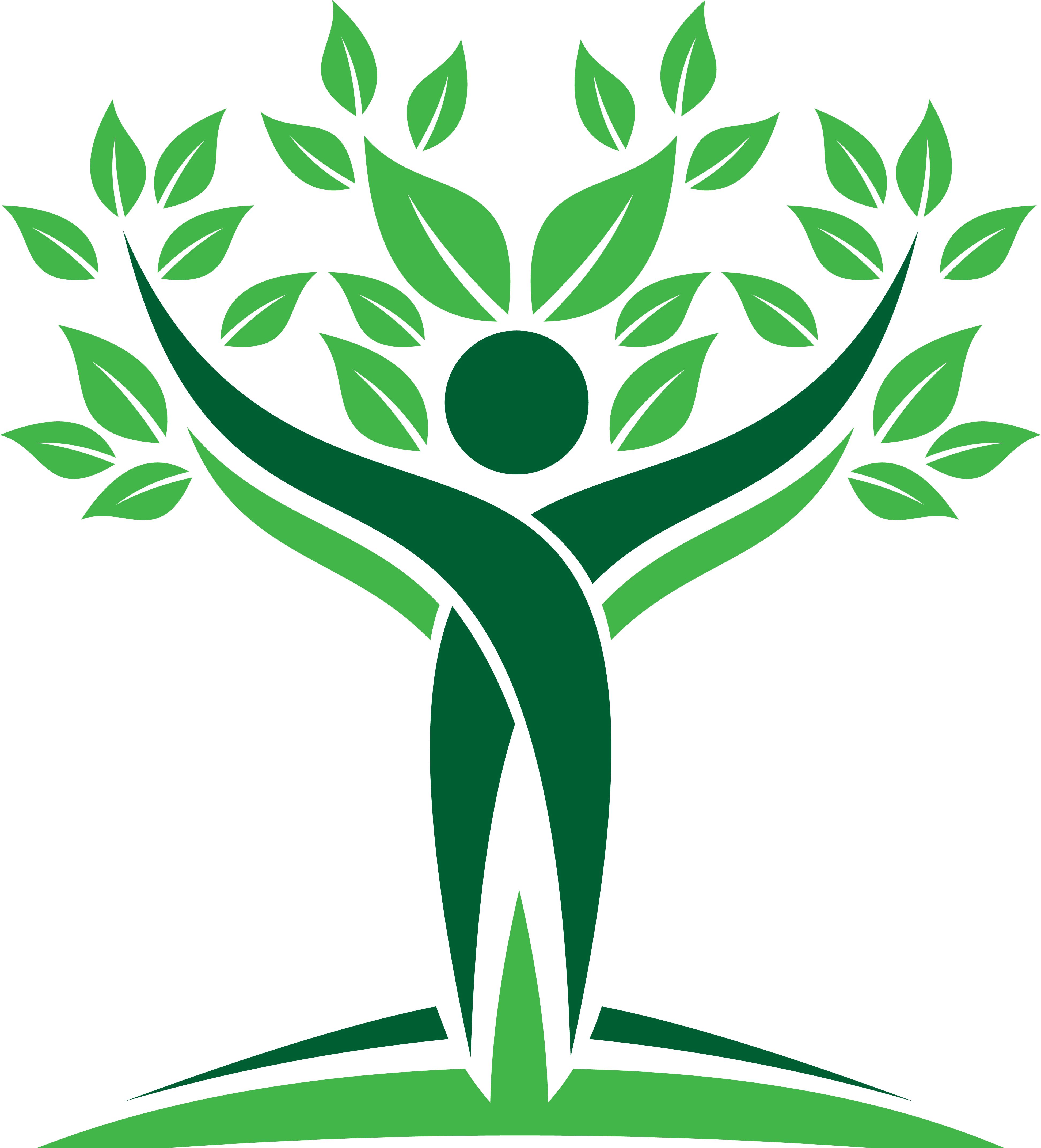 På billedet ses en grafisk grøn tegning af en person der står med hænderne i vejret med blade omkring.