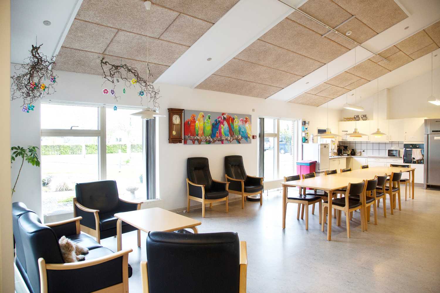 Fællesrum og midt i rummet står der et stort langt bord med stole omkring. Der står også en sofagruppe med sofabord og i baggrunde ser man et køkken.