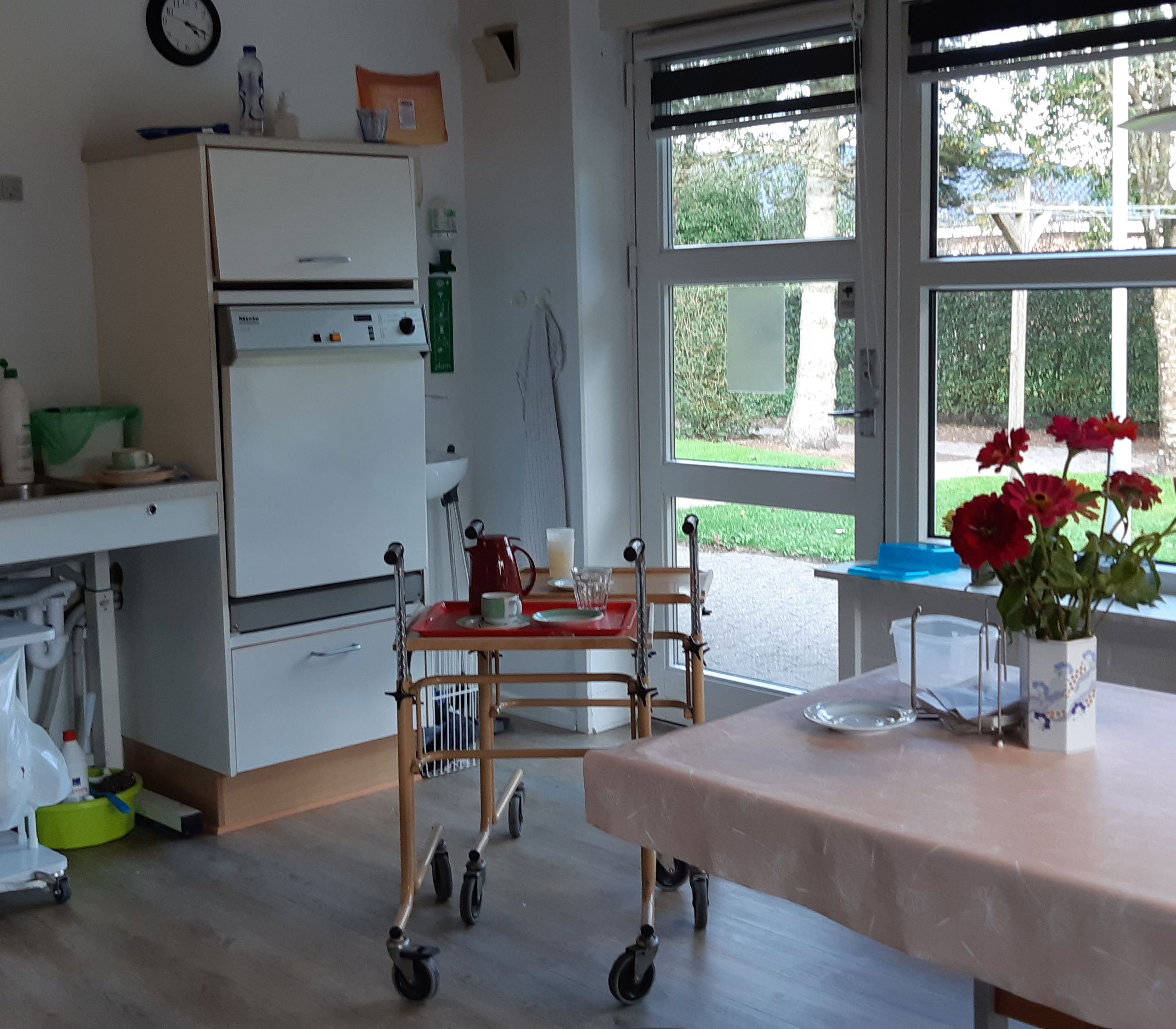 køkken med spiseplads og der er røde blomster på bordet.