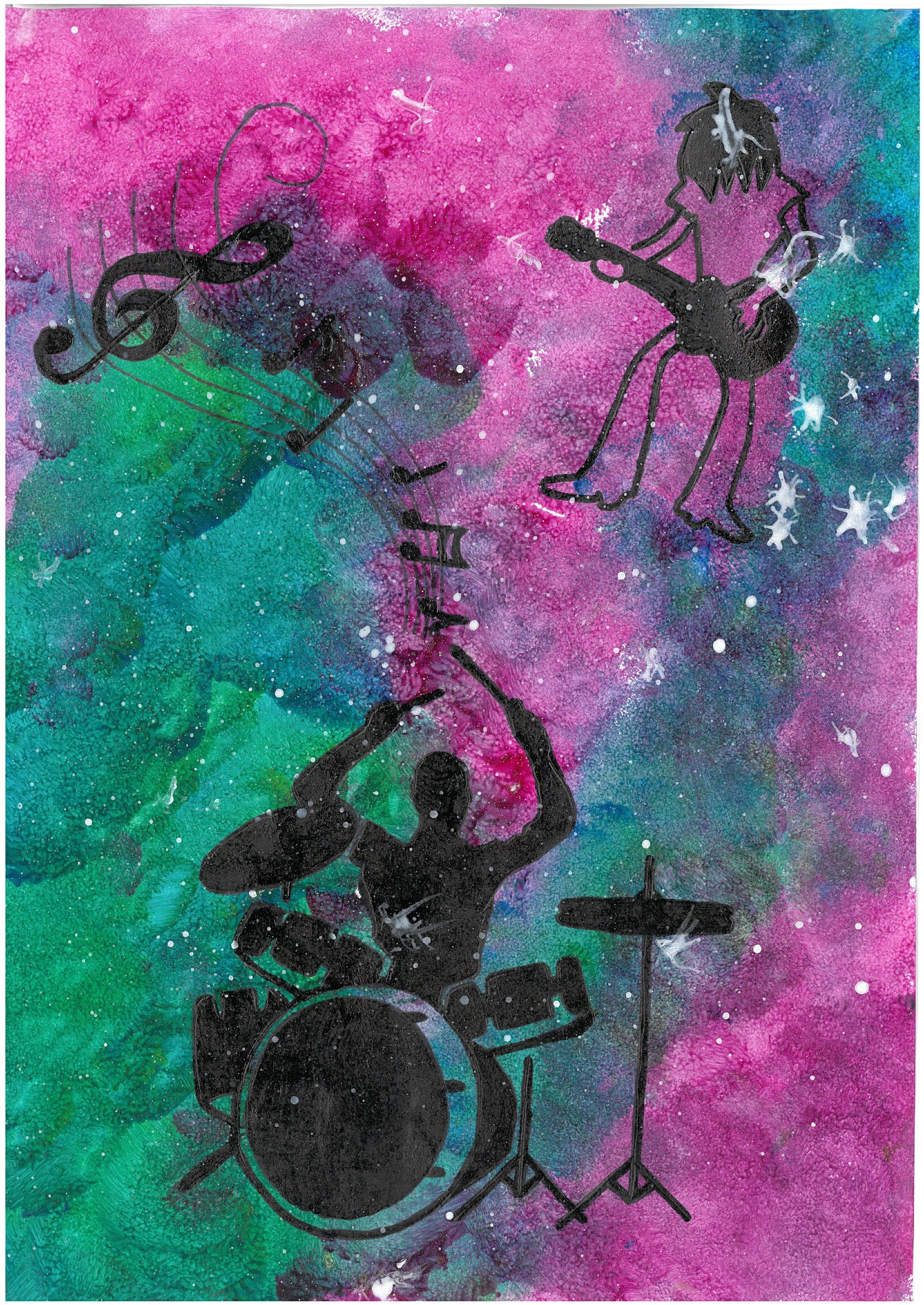 Billede malet af borger, mand sidder og spiller på et trommesæt