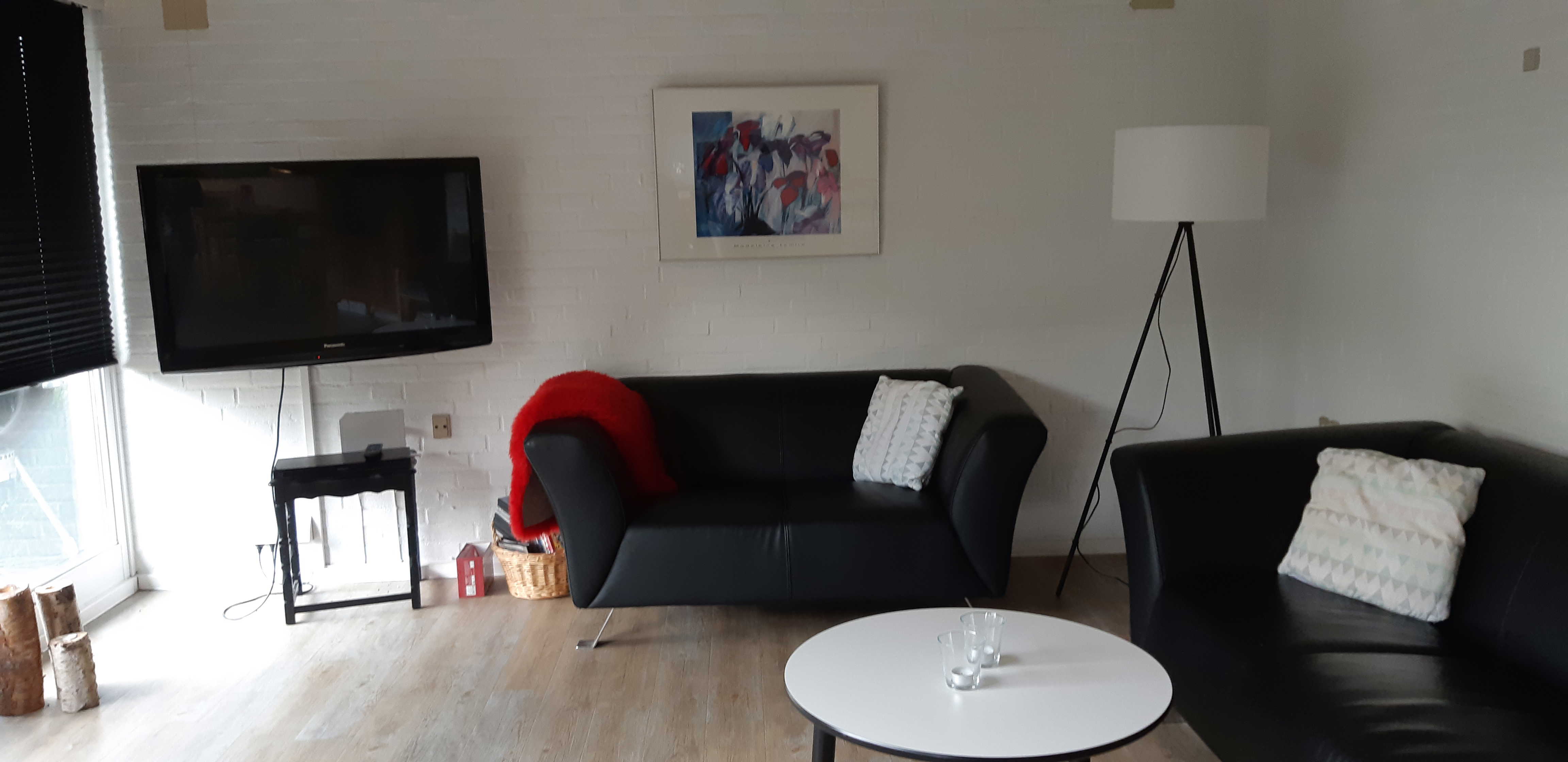 Opholdsstue med to lædersofaer, et rundt bord og et tv. I hjærnet er der er høj standerlampe med hvid lampeskærm.