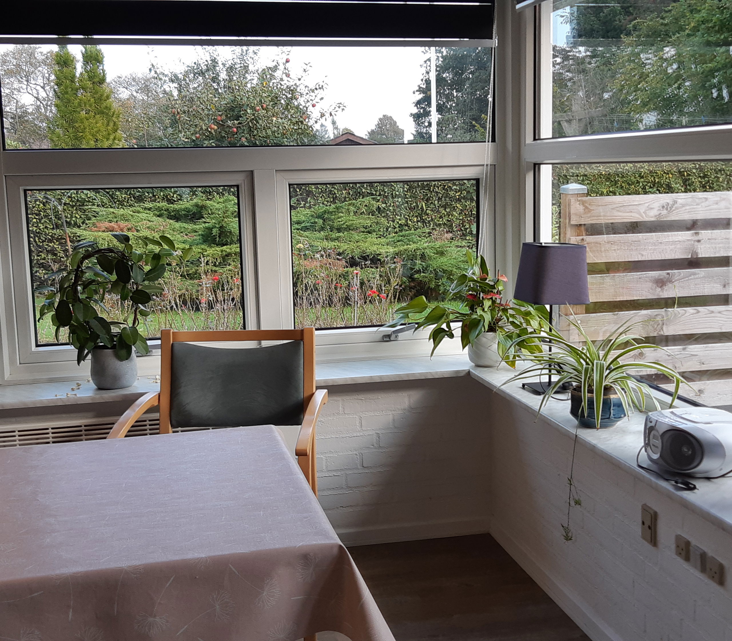 Spisebord med to stole og udsigt ud over haven.