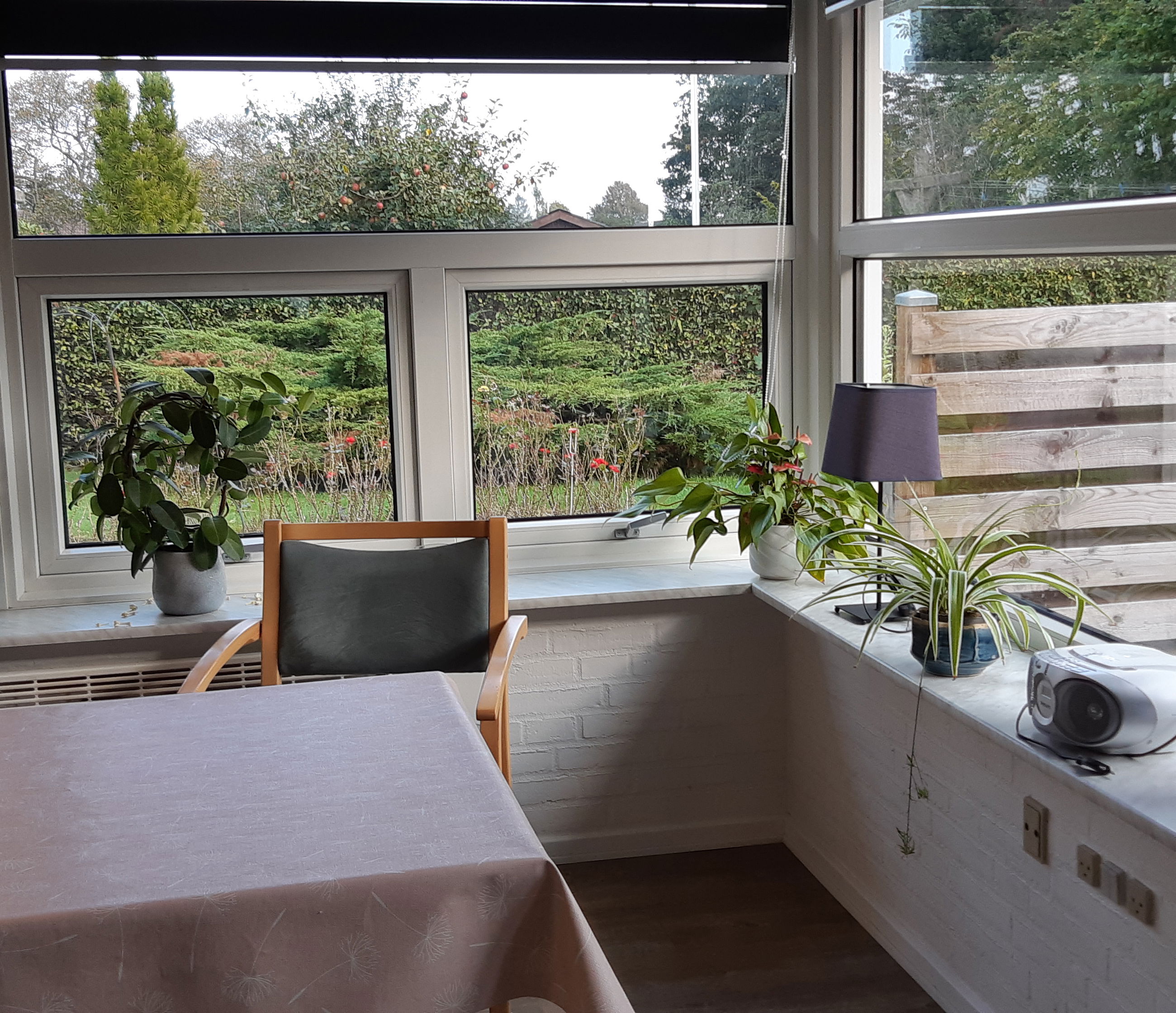 Spisebord med to stole og udsigt ud over haven.