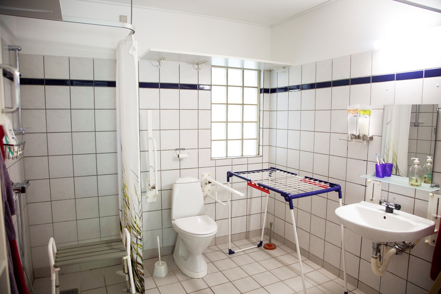 Badeværelse med toilet og vask og et brusehjørne med forhæng og i hjørnet står der et tøjstativ.