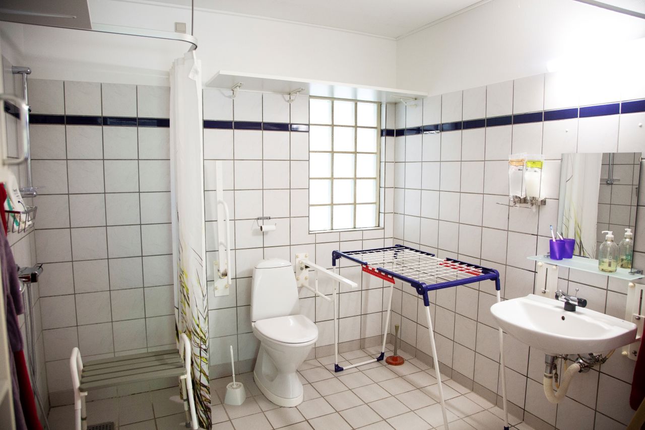 Badeværelse med toilet og vask og et brusehjørne med forhæng og i hjørnet står der et tøjstativ.