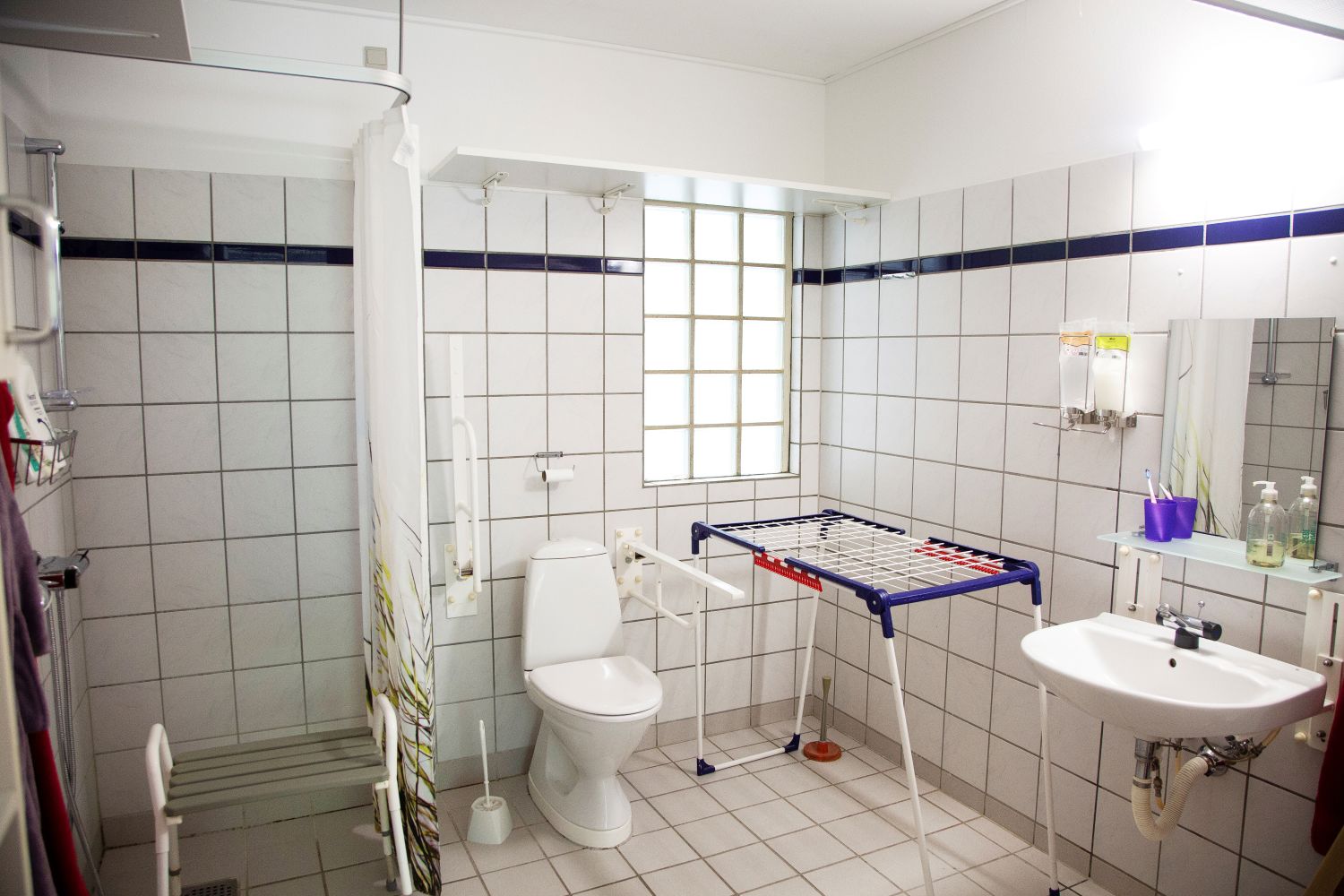 Badeværelse med toilet og vask og et brusehjørne med forhæng og i hjørnet står der et tøjstativ.