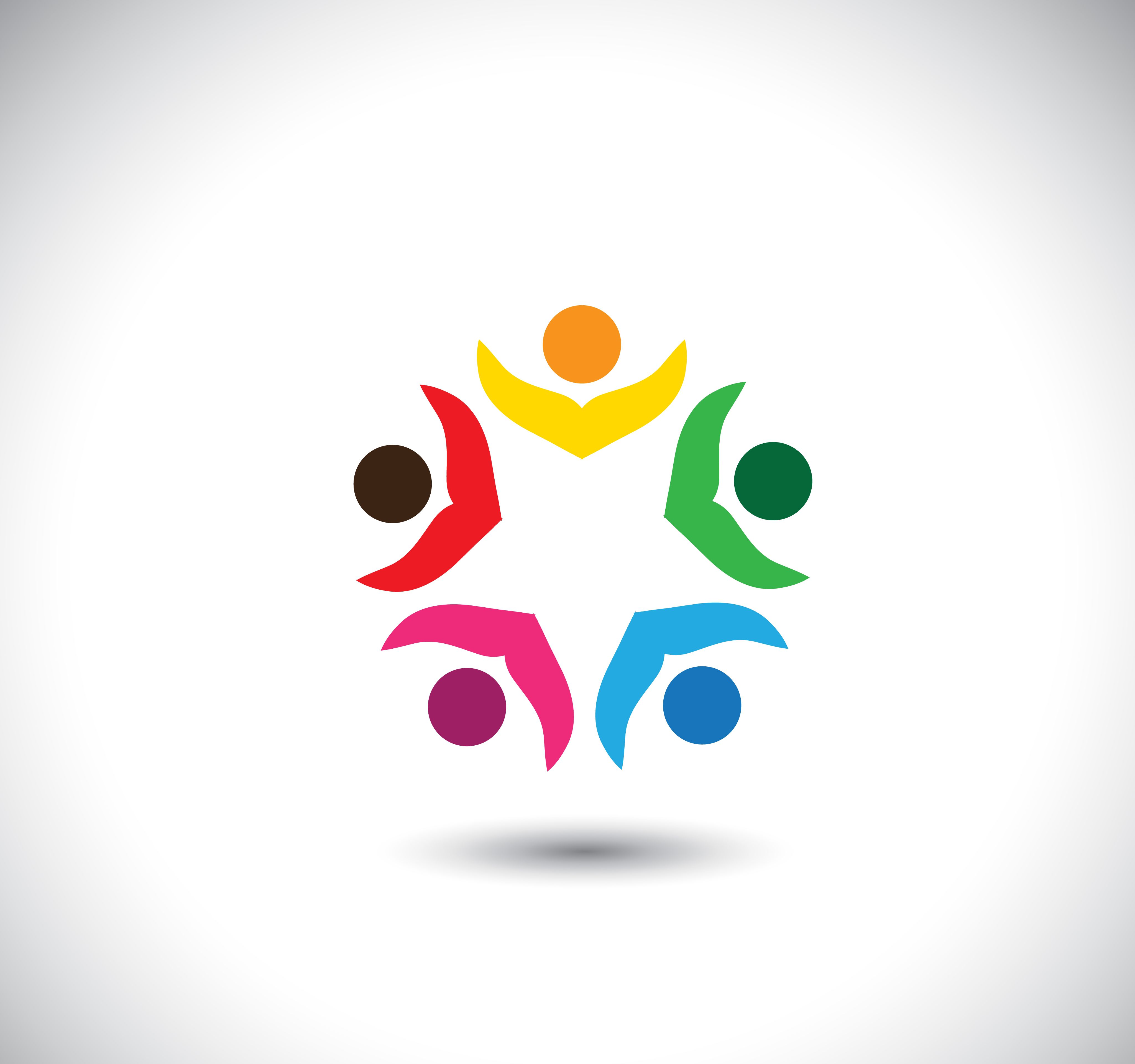 På billedet ses en grafisk tegning illustreret personer med cirkel som ansigt med arme i vejret placeret rundt i en cirkel.