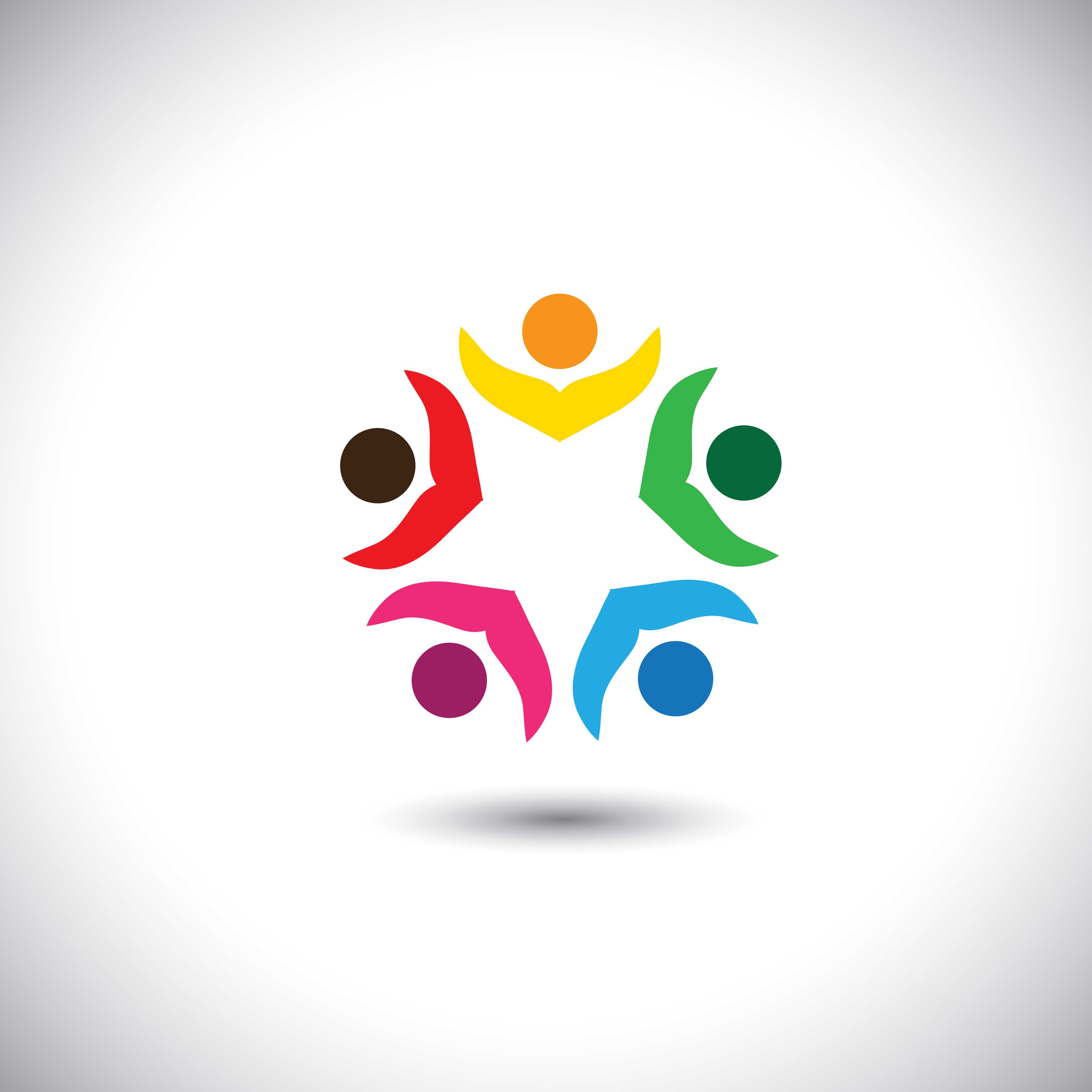 På billedet ses en grafisk tegning illustreret personer med cirkel som ansigt med arme i vejret placeret rundt i en cirkel.